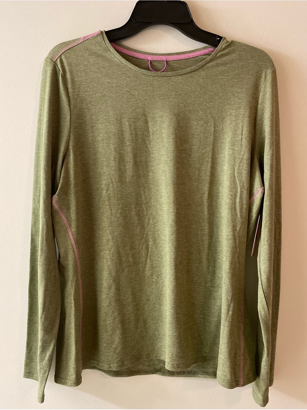 Bass Outdoor Olive Long Sleeve Crew Top with Pink Contrast Stitching